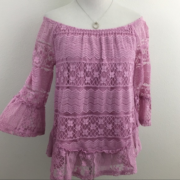 Pink Lace Bell Sleeve Off the Shoulder top - Picture 1 of 7